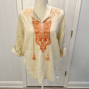 Symple NYC Blouse Women's Medium Beige 100% Linen Embroidered V-Neck Tasseled